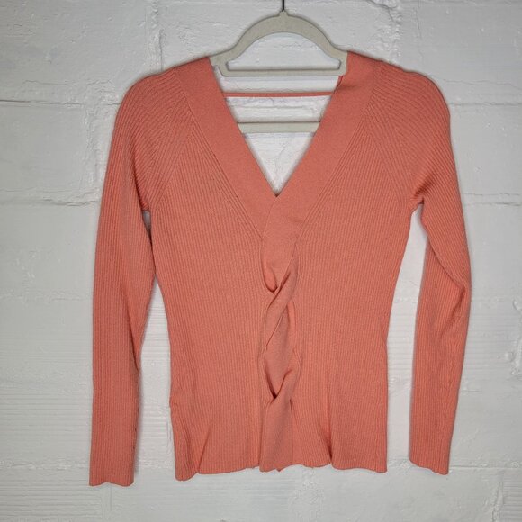 WHBM Women's Medium Pullover Sweater V Neck Braided Back Coral Orange - Picture 2 of 4